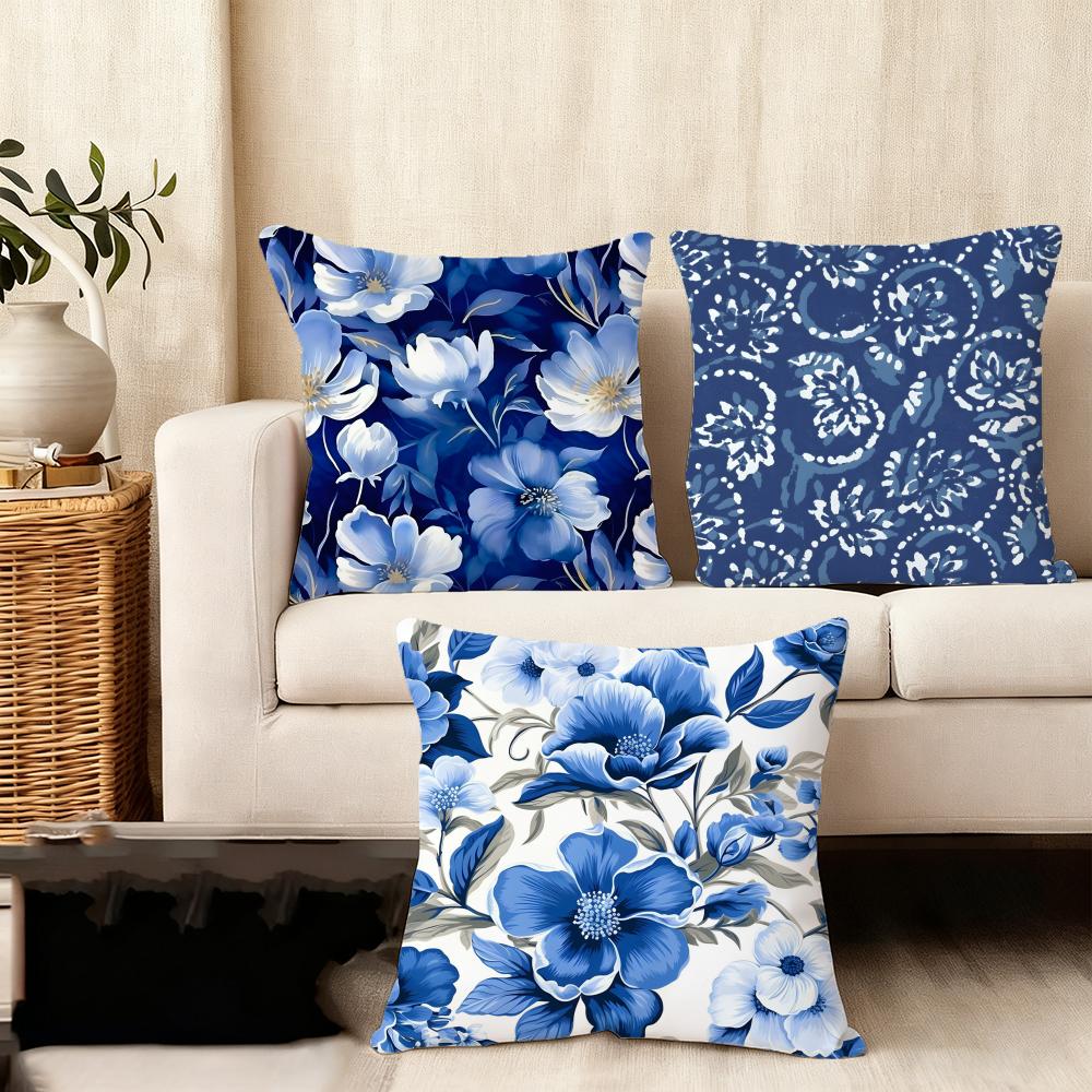 Ethnic Style Blue Floral Cushion Cover Soft Plush Fabric Double-Sided Printed Sofa Cushion Cover For All Seasons Home Decor Gift