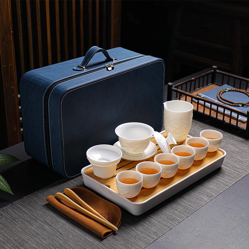 Embossed Suet Jade Ceramic Simple Tea Set Gift Box with Tea Tray Business Gift