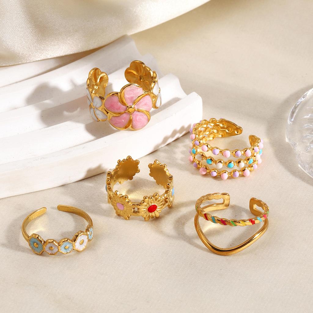 316L Edelstahl Emaillierter Blumenblattring für Damen Farbige Tropfglasur Serie Wasserfeste Ringe Luxuriöser Schmuck Geschenk