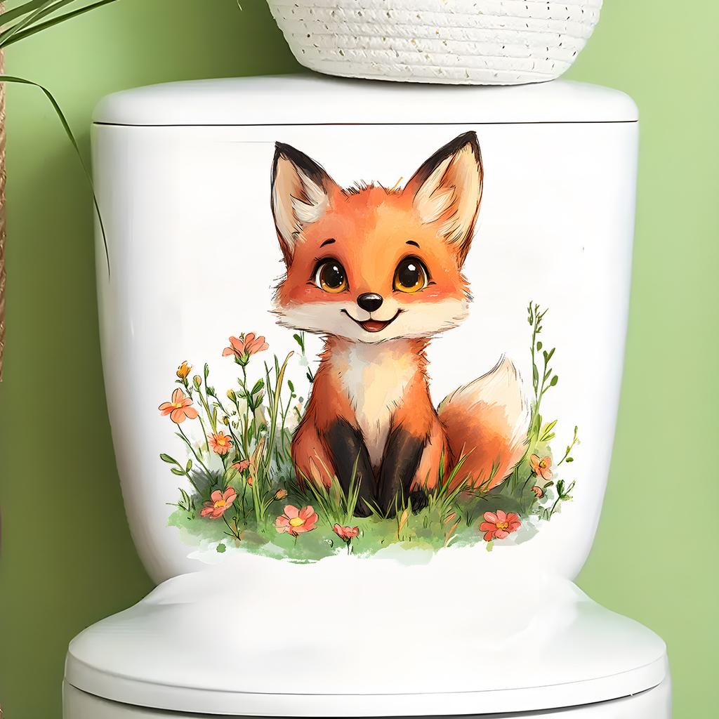 Floral Fox Cub Toilet Stickers, Waterproof Self-Adhesive for Bathroom Decor, Cute Animal Decals