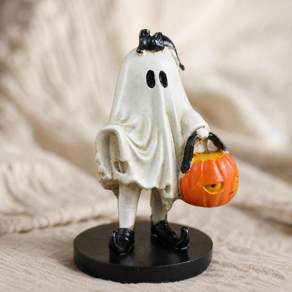 Halloween Ghost Figurine with Pumpkin Basket Resin Sculpted Decor for Shelf Display
