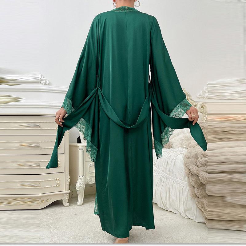 Sexy Long Solid Lace Patchwork Silk Satin Bathrobe Women Flare Sleeve Loose Court Style Nightwear Lace Trim Robes Loungewear
