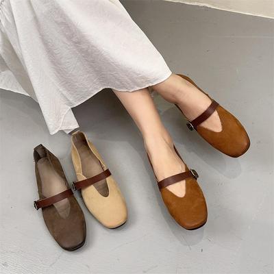 Sapatos femininos retrô de couro legítimo, cor sólida, bico quadrado, versáteis, sola rasa e macia