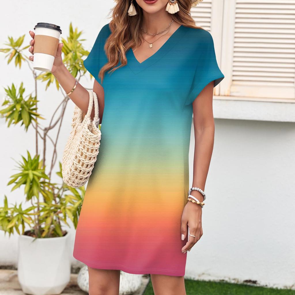 Damen Casual Mode Sexy V-Ausschnitt Kappenärmel Tasche Farbverlauf Kleid