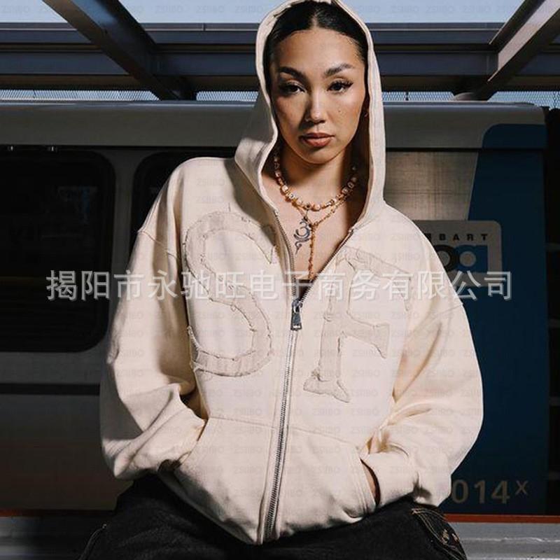 Unisex Oversized Hooded Zip-Up Sweatshirt With Letter Print Casual Streetwear