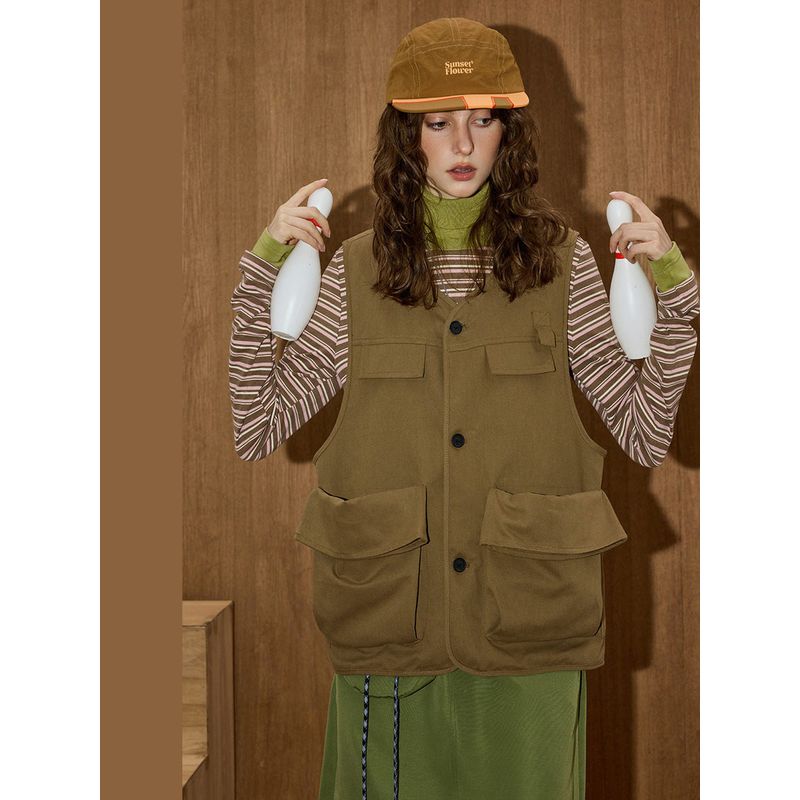 Coolhut Khaki Washed Workwear Casual Three-Dimensional Patch Pocket Vest 2025 Autumn and Winter New Women's Vest