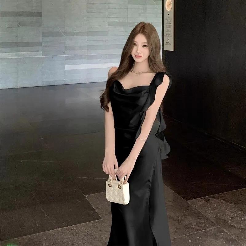 Damen Champagner Satin Asymmetrischer Ausschnitt Maxi Drapiert Hoher Schlitz Elegant Party Abendkleid