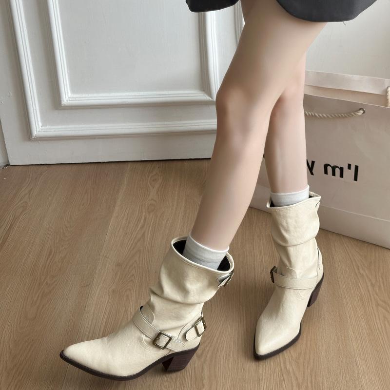 Pointed Short Boots Skinny Cowboy Boots Martin Boots Women's Western White Coarse Heel Short Tube Rice