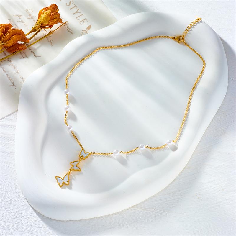 Gold Plated Mother of Pearl Butterfly Pearl Y-Drop Necklace, Dainty Adjustable Cable Chain for Women, Elegant Jewelry золотой