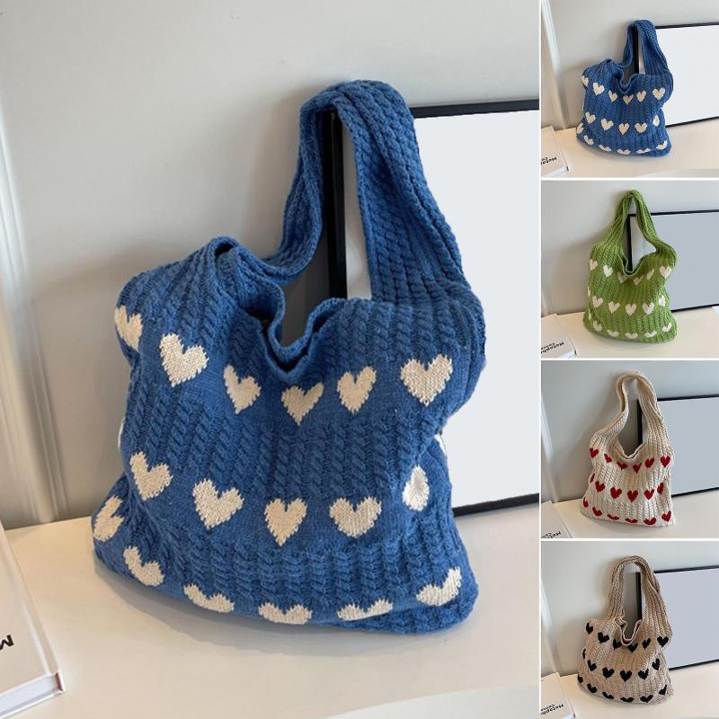 Women Shoulder Bag Knitted Large Capacity Wide Shoulder Straps Heat Pattern Contrast Color Large Opening Lightweight Lady Handbag Tote Bag
