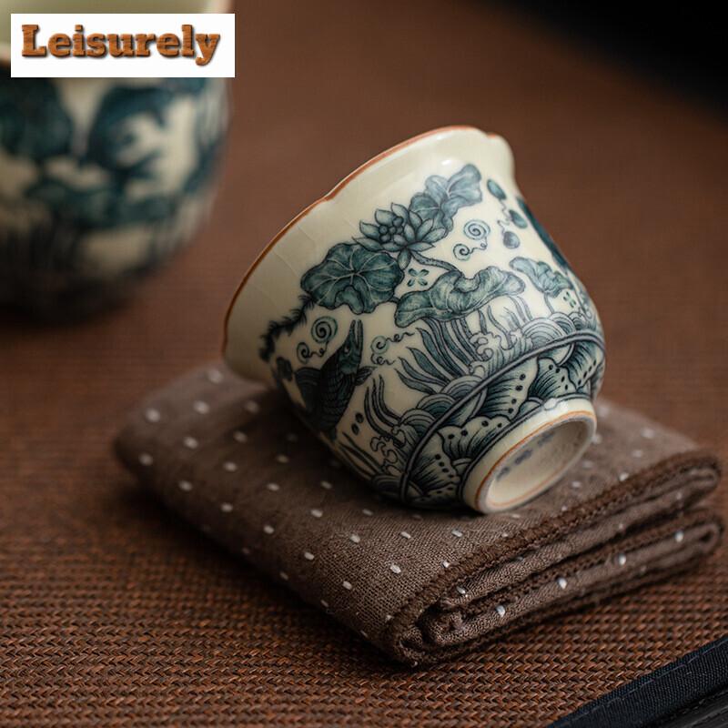 2pc/lot Imitation Song Ru Kiln Tea Cup Fish Algae Pattern Mouth Cup Small Master Single Cup Meditation Cup Bowl Kung Fu Teaware