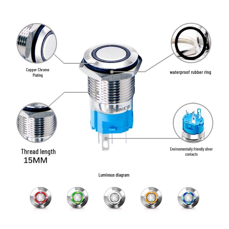 16mm Flat Metal Push Button Switch with LED Ring Light