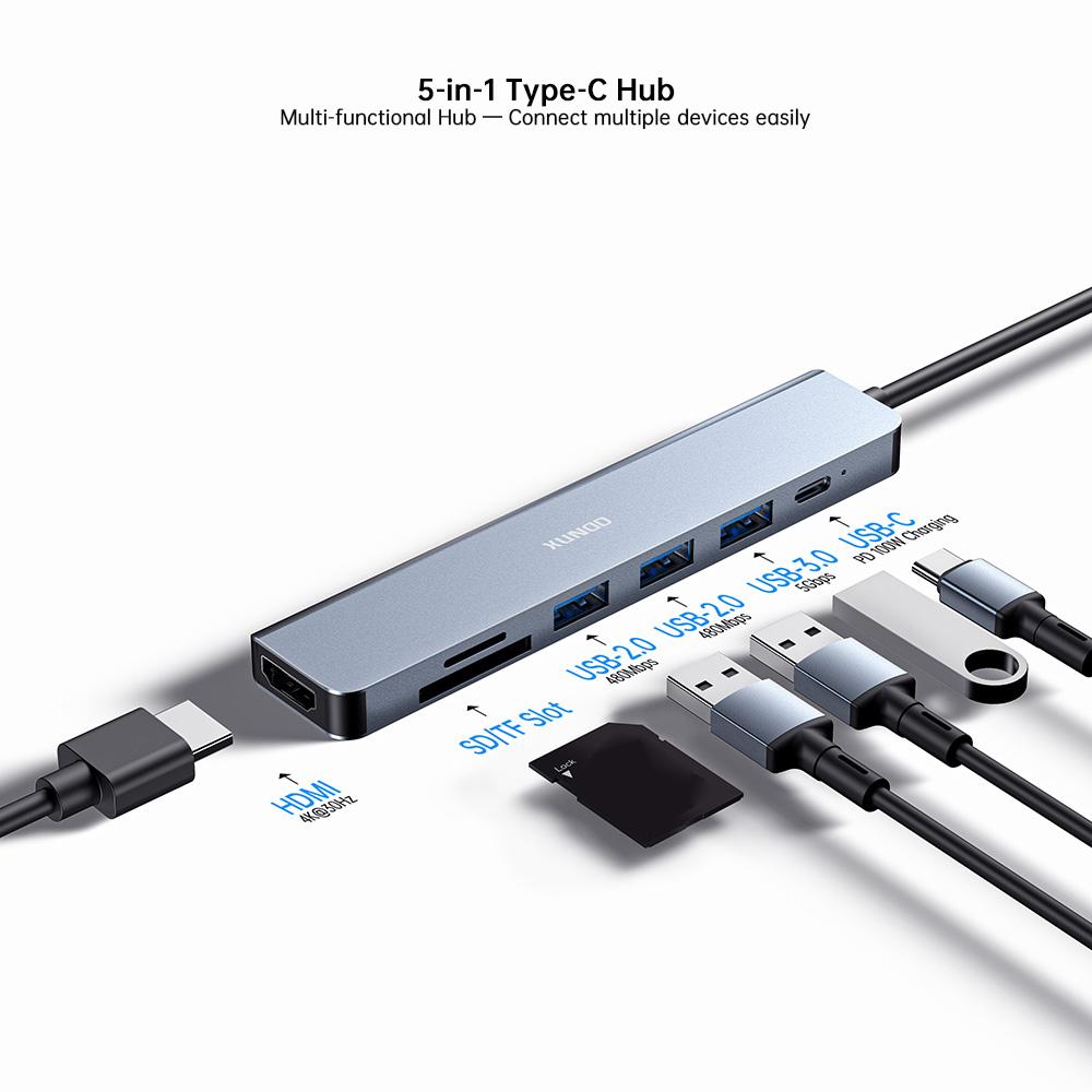 XUNDD XDDC-072 Expansion Dock 7 in 1 Type-C Hub USB-C to PD / USB 3.0 / USB 2.0 / HD / SD / TF Card Reader