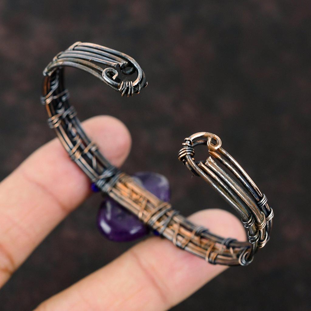 Star Amethyst Cuff Bracelet Lapis Lazuli Beads Bangle Copper Wire Wrapped Jewelry Adjustable Cuff Bracelet Gemstone Jewelry Handmade Bangle