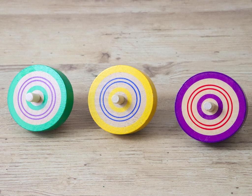 Traditional wooden colored throwing set of 3 toy, tops, (green, yellow, purple)