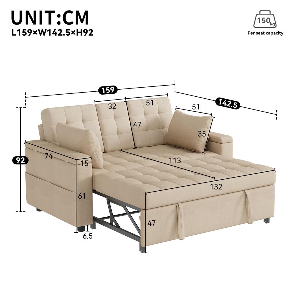 2-Seater Sofa Bed with Storage and Adjustable Backrest, with Armrest Compartments, Versatile Folding for Living Room, Bedroom or Apartment, Beige