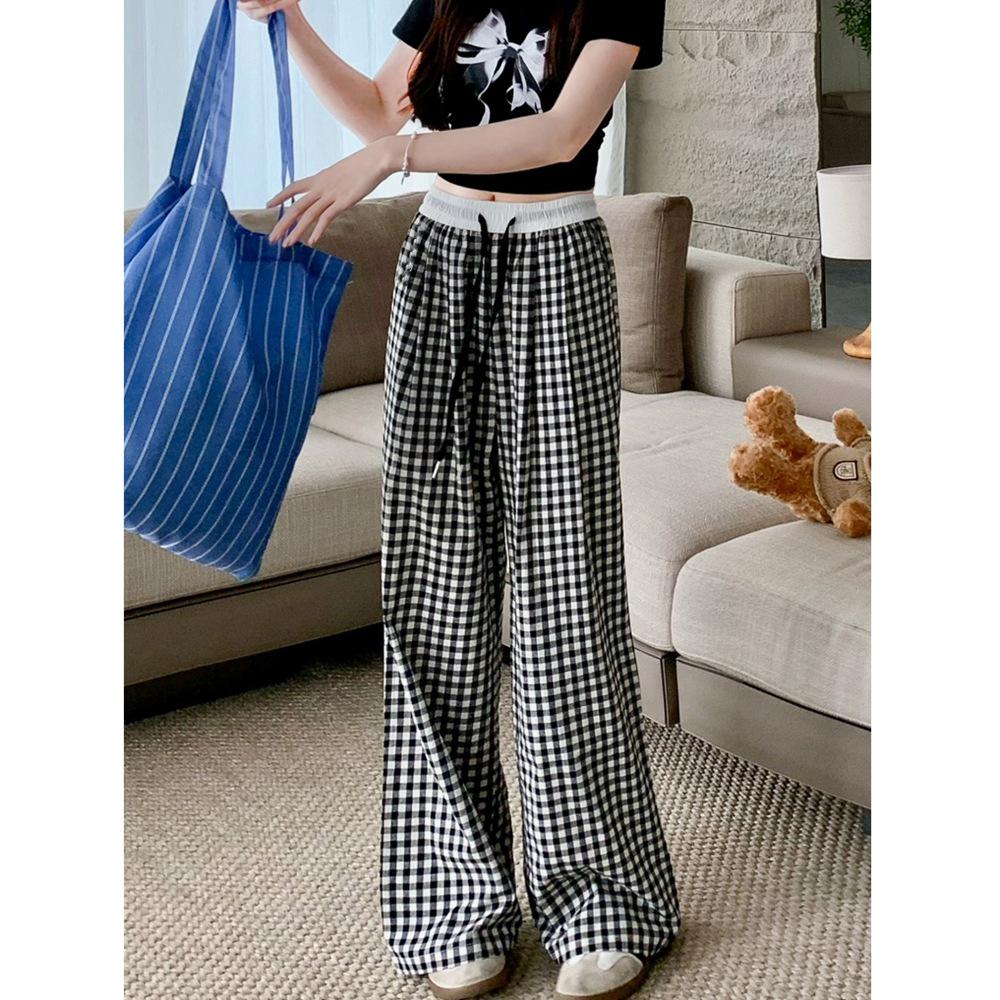 Petite Pink Plaid High Waist Wide Leg Summer Trousers for Women