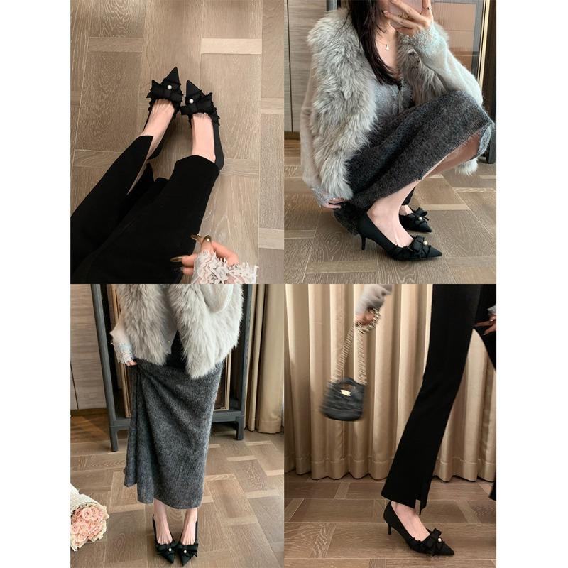 Carver Daughter Pointed Bow Pearl Flat Commuter Shoes Women's High Heels Wedding Shoes