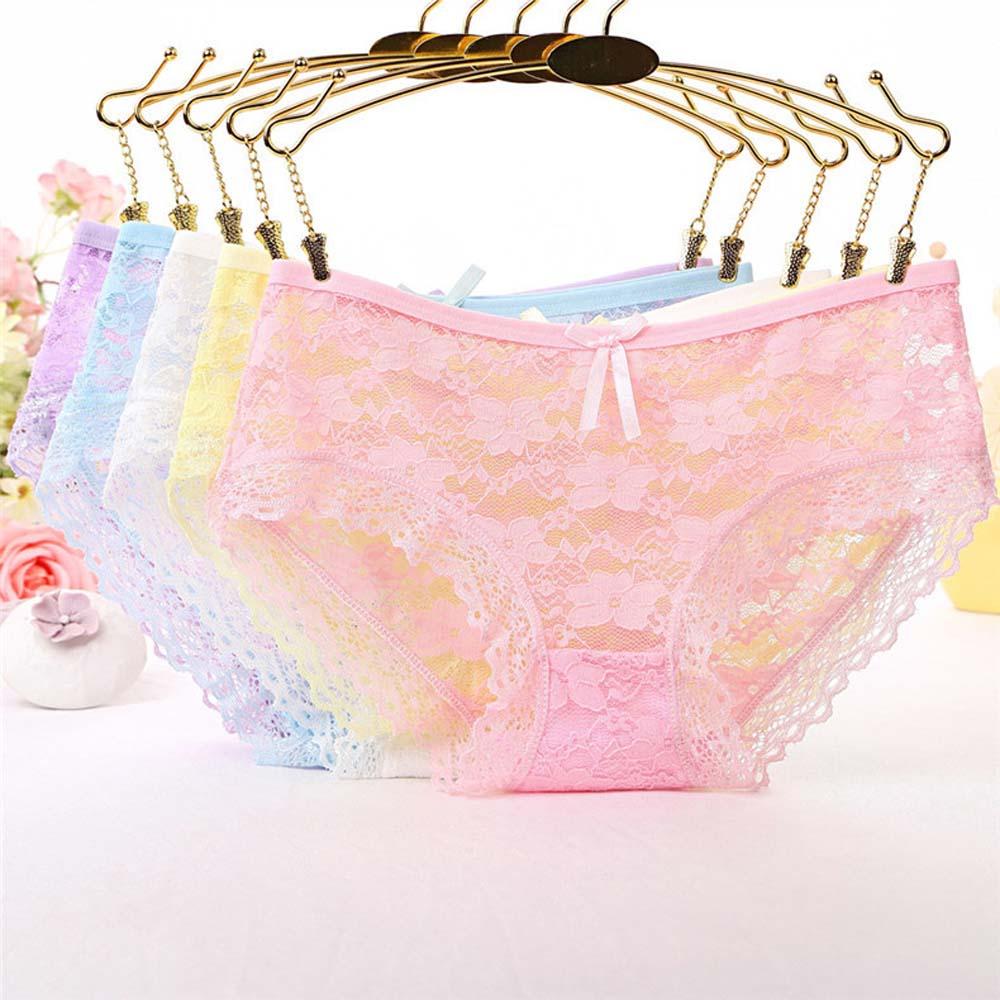 Sexy Breathable Lace Middle-waist Cotton Crotch Bow Nylon Sexy Briefs Women Thong Flower Panties L