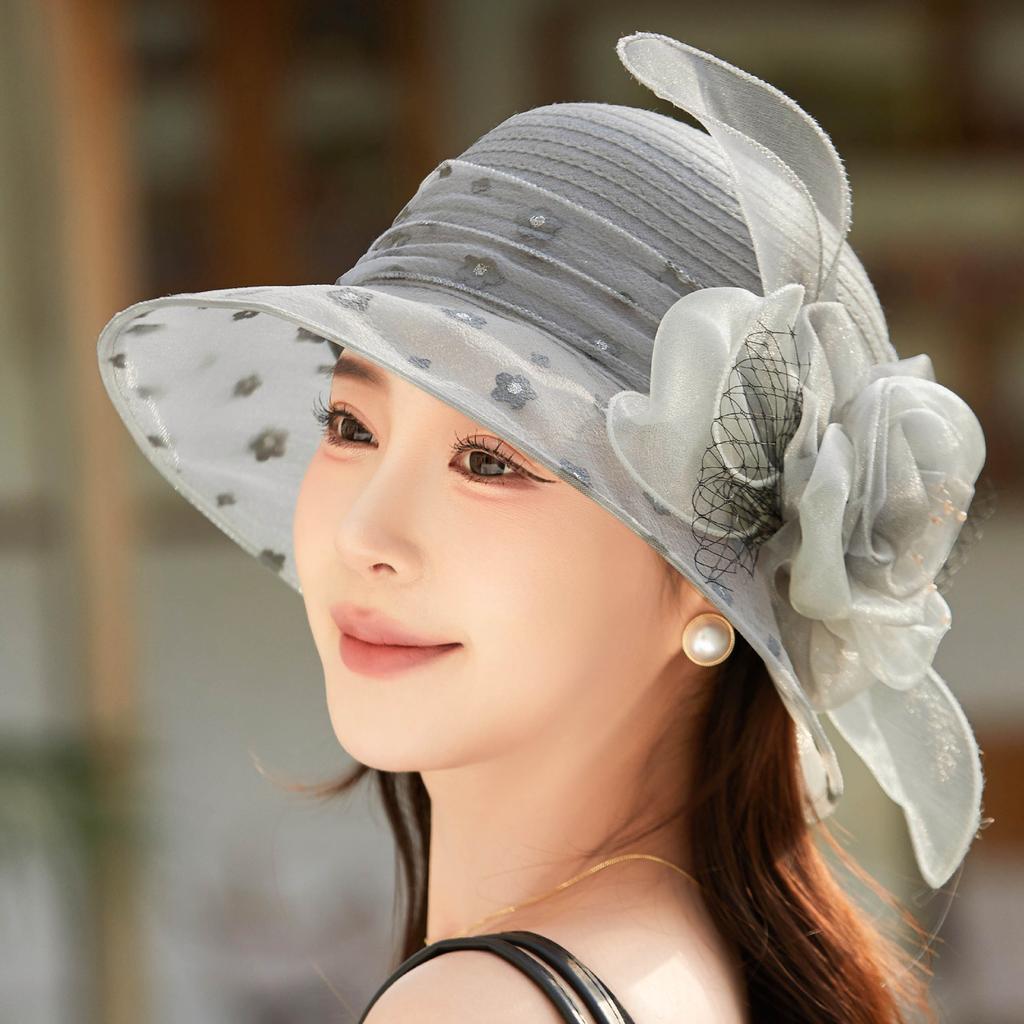 Hat Women's Summer Versatile Retro Organza Small Edge European and American Wind Hat Two-color Flower Sun Hat Sun Protection Top Hat
