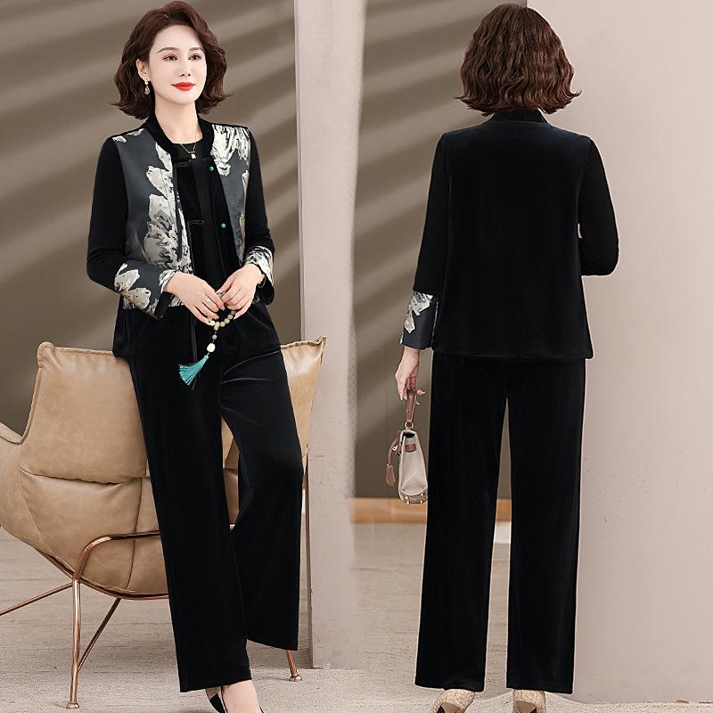 Mom's New Chinese Style Spring & Autumn Two-Piece Top Set for Middle-Aged & Elderly