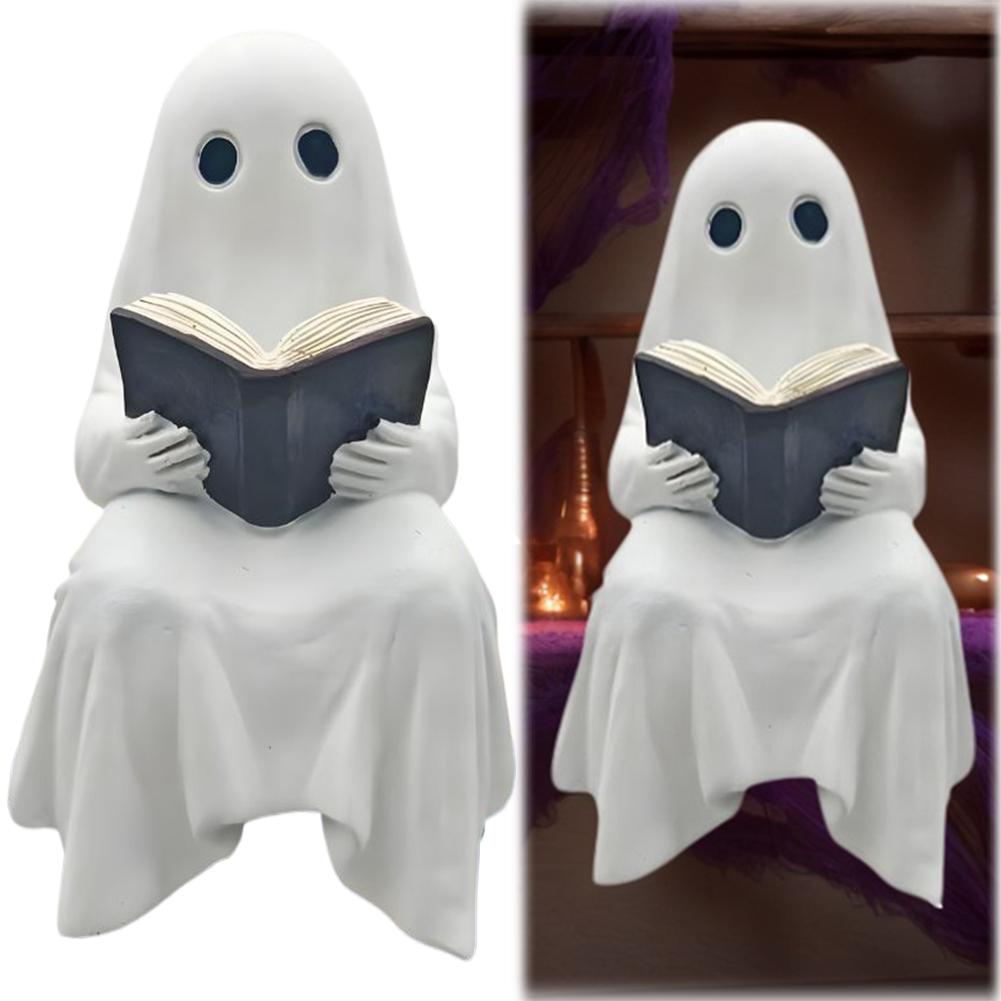 Halloween Resin Cute Ghost Statue Ghost Reading Book Outdoor Statue Miniature Figurine for Tabletop Halloween Decor Ghost Decor