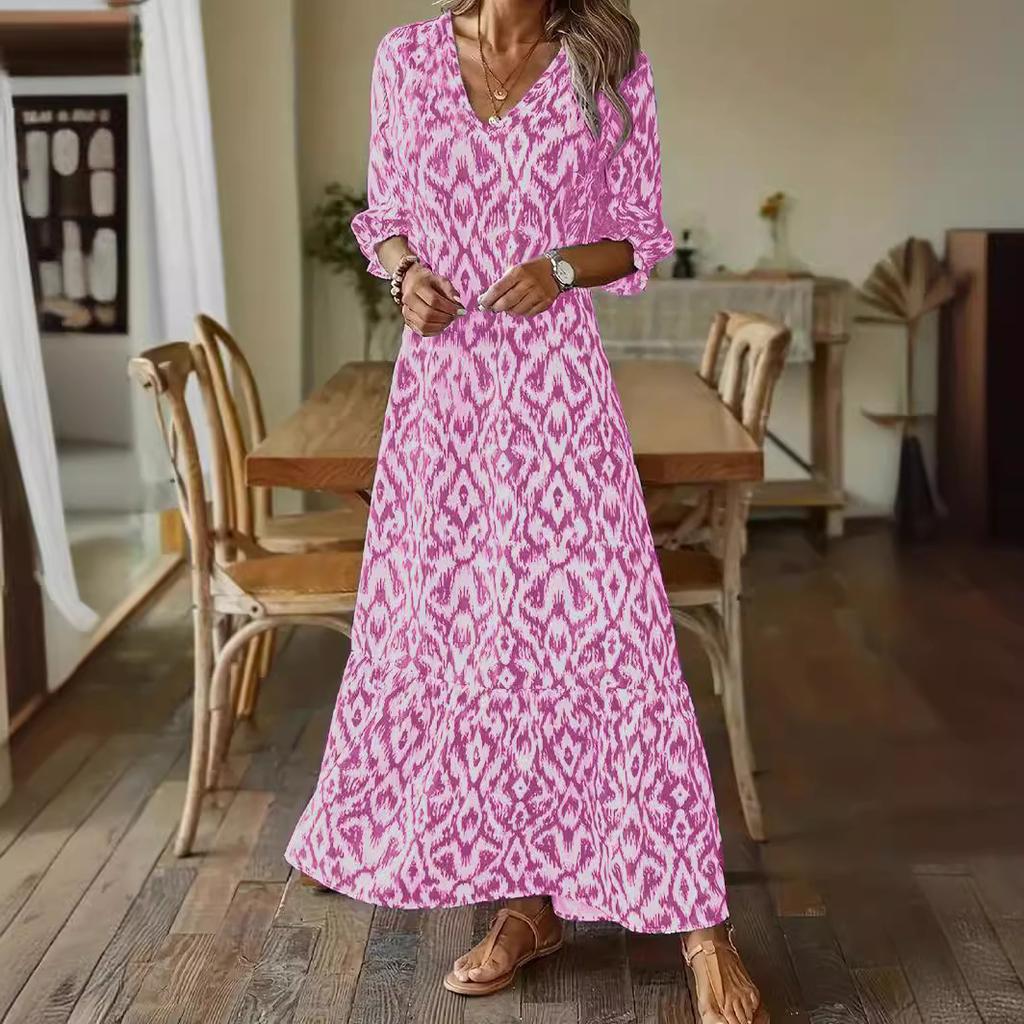 European and American Independent Station Autumn and Winter Fashionista Casual Sweet Loose V-Neck Printed Medium Sleeve Long Dress