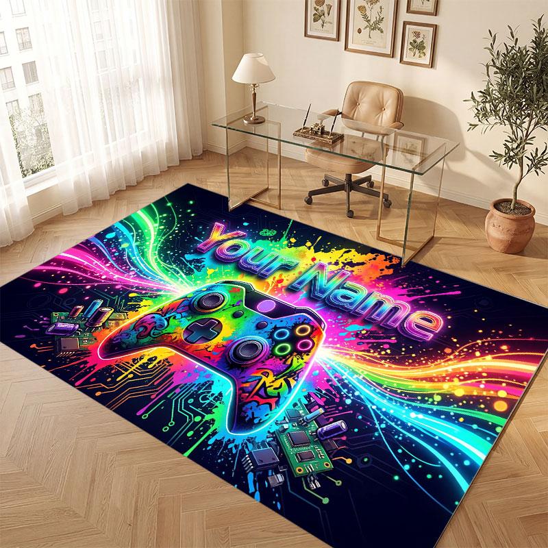 Game Controller Theme Crystal Velvet Floor Rug Personalized Custom Name Text Warm Carpet Home Decoration