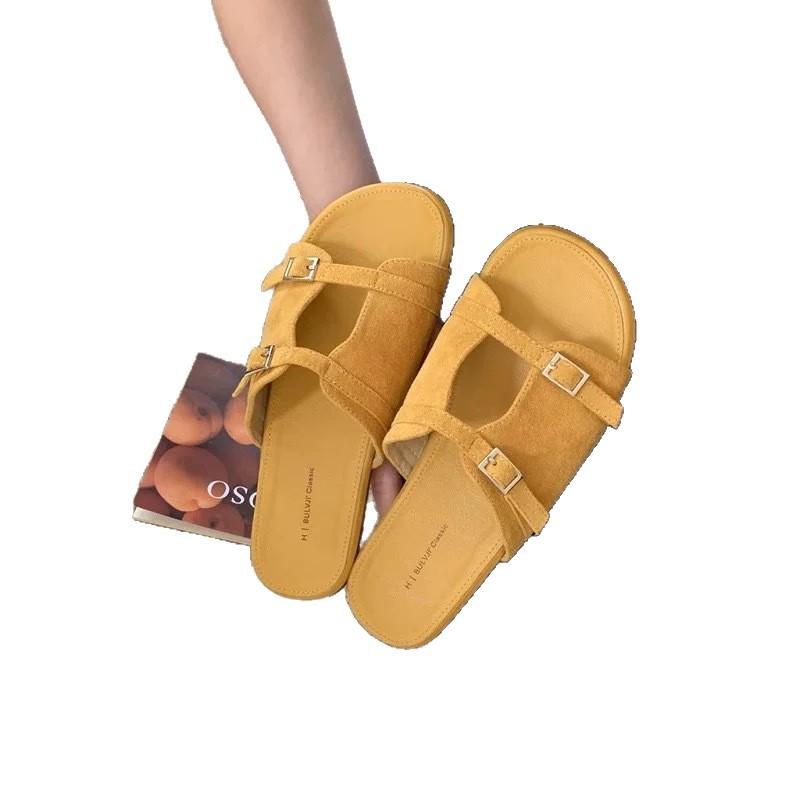 Flat-bottomed slippers one-word slippers double-buckle women's shoes 2025 summer new outer wear beach French versatile cool slippers