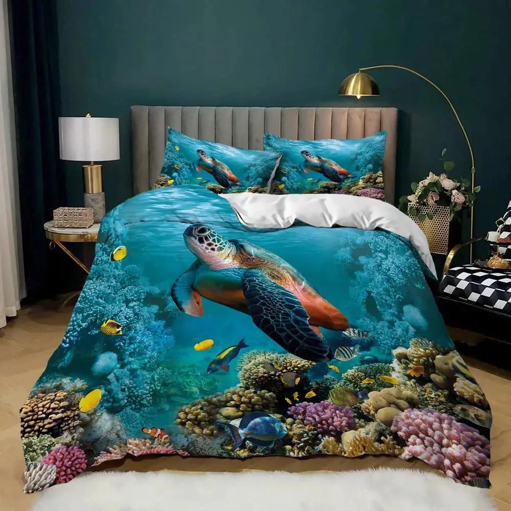 Sea Turtle Duvet Cover Underwater World Themed Marine Life Bedding Set for Women Teen Boys and Girls Gift for Bedroom Decoration