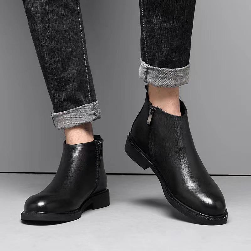 Casual Leather Men's Chelsea Boots Brand Comfortable PU Leather Ankle Boots Warm Plush Fur Winter Botas High Top Shoes