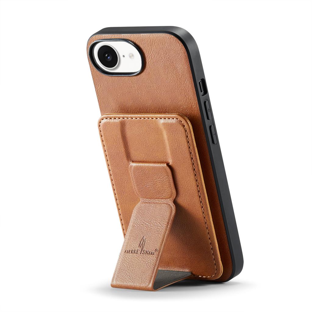 FIERRE SHANN 024 For iPhone 16e Case Card Holder Kickstand Waxy Texture Leather+TPU Phone Cover
