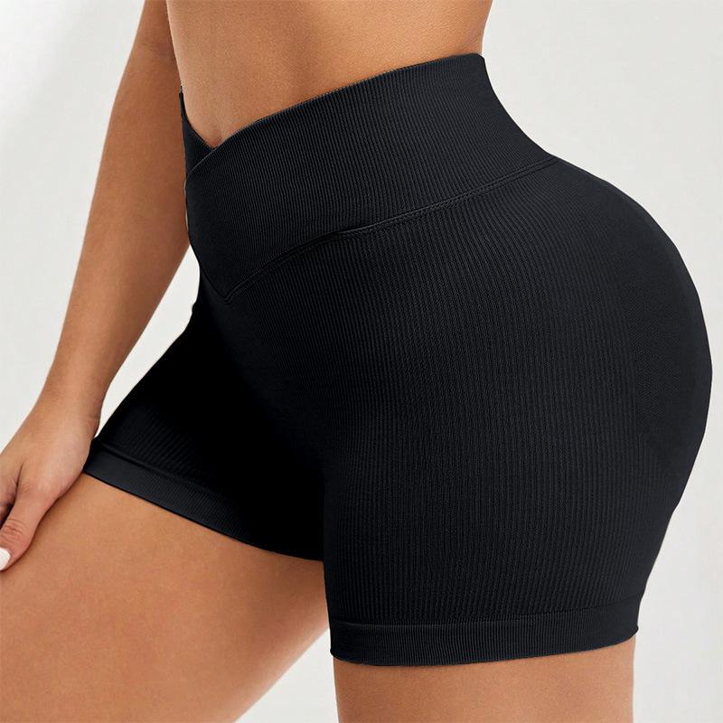 Women's Cross Waist Elastic Yoga Shorts with Peach Hip Design - Three-Quarter Length, Perfect for Running and Fitness