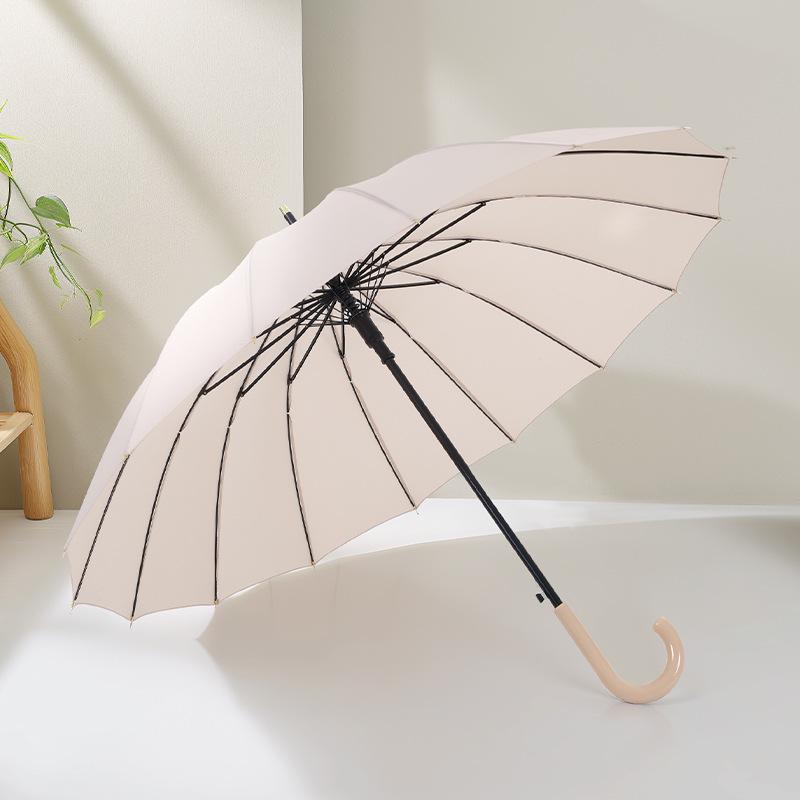 Large Windproof Umbrella: 16-Rib, Long-Handle, Solid Color, Automatic, for Women & Men