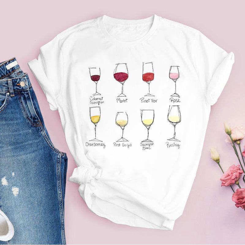 Kawaii Tshirt Lady Ulzzang Wine And Whine Graphic Women T Shirt Harajuku Casual Tops Female T-Shirt Summer Cartoon Ladies Tees