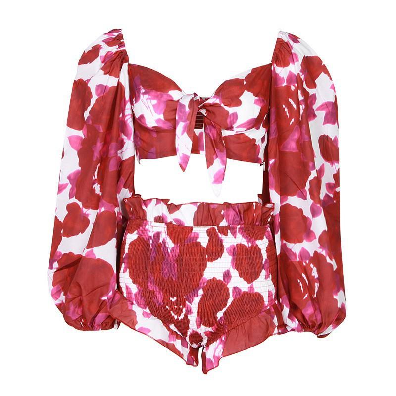 

Fashion Brand Niche Printed Lantern Sleeves Short Top With Stretch Shorts Two-piece Suit Women S красный