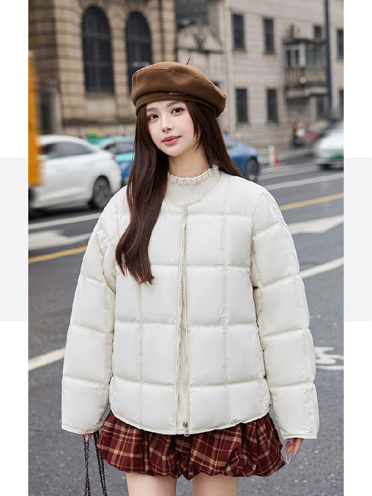 Round Neck Square Quilting Down Jacket Women's Loose Plus Size Outwear