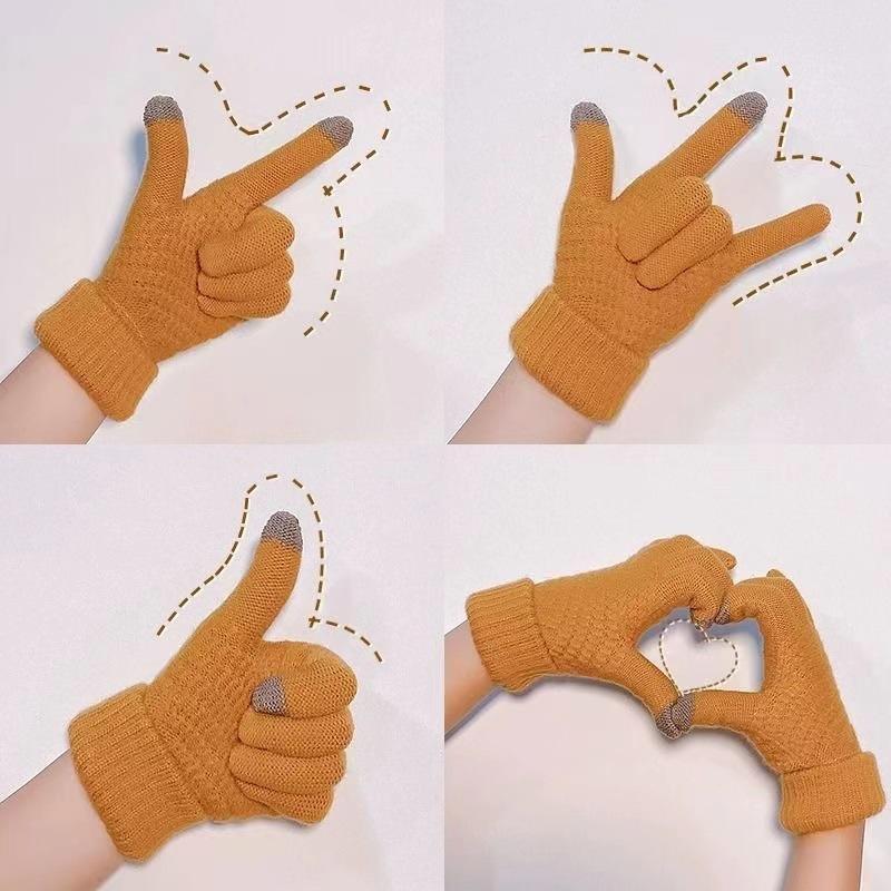 Winter cycling cold-proof and warm plush gloves female, cute student touch screen full-finger cotton knitted gloves driving