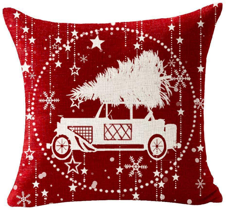 Red Plaid Sofa Linen Christmas Pillow Cover Reindeer Snowflake Home Cushion Cover