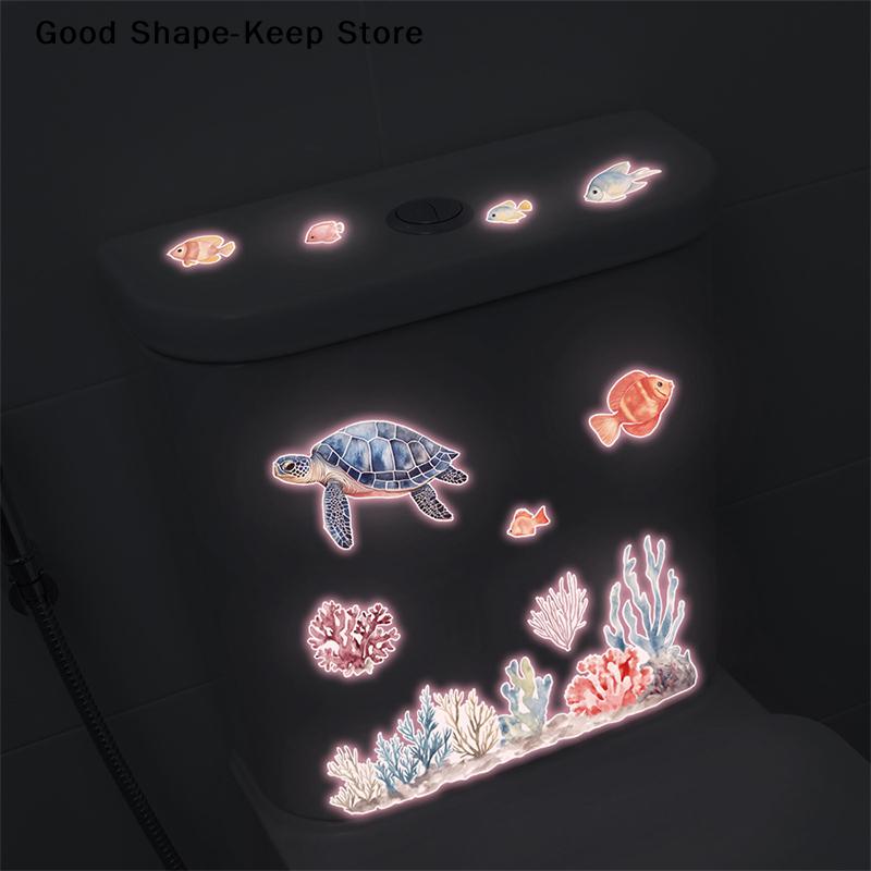 Glow-in-the-Dark Fish Toilet Self-Adhesive Sticker Ocean Bathroom Decor Removable Wall Art for Home Living Room