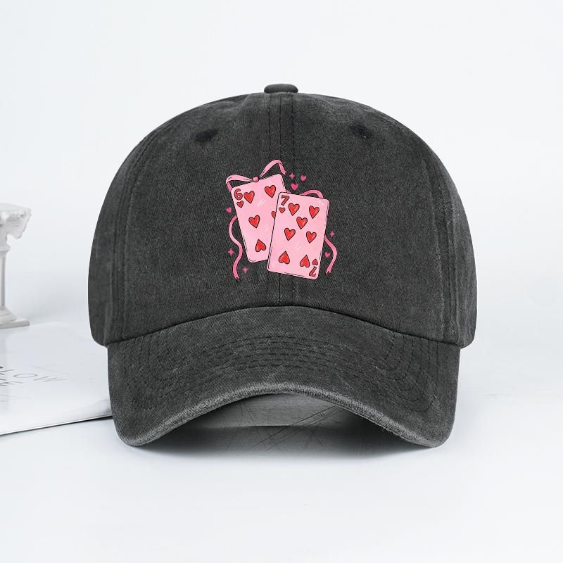 Red Heart Playing Card 67 Printed Washed Baseball Cap Soft, Comfortable, Breathable, Adjustable Sweet, Cool, Playful, Retro, Fas
