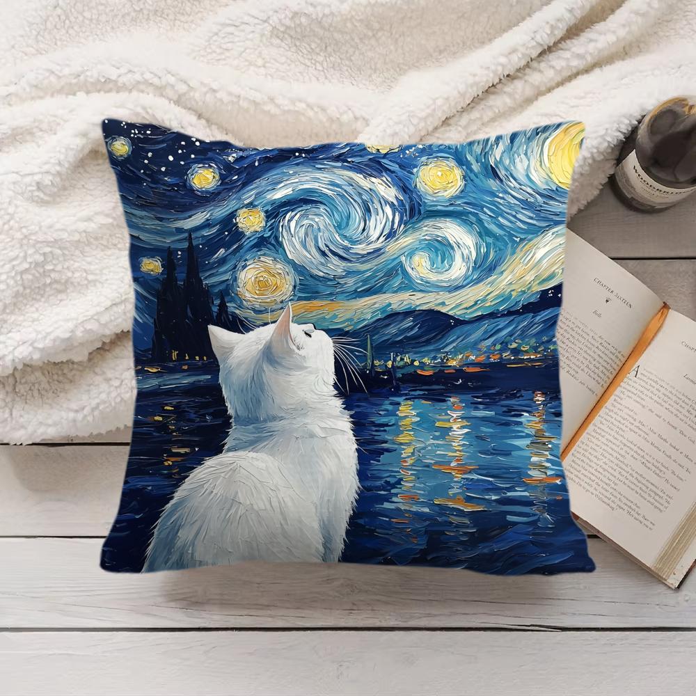Van Gogh Starry Night Cat Cushion Cover Silky Short Plush Invisible Zipper Dustproof Sofa Pillow Case for Home Decor