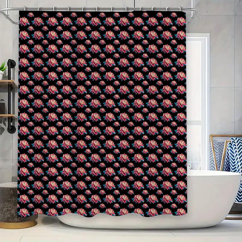 

Floral Pattern Shower Curtain Bathroom Decor For Home Decoration Pink Flowers On Black Background Polyester Fabric With Hooks Cu W60H190(CM)-1 Pcs