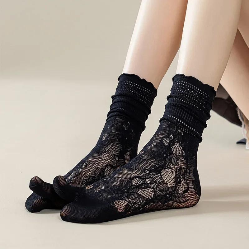 1Pairs Lace Toe Socks Women Summer Hollow Out Mesh Five Finger Socks High Tube Cotton Socks with With Separate Fingers