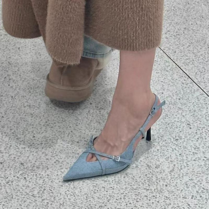 

Fashion 2025 New Street Style Buckle Strap Women Pumps Pointed Toe Thin High Heels Banquet Slingback Party Shoes Zapatos De Mujer 35 baby голубой