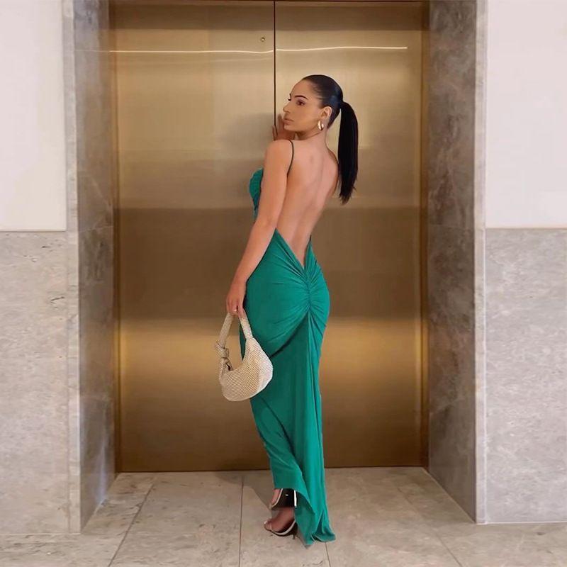 

Outfitgirl6 Green Open Back Pleated Slim Fit Backless Open Back Prom Dresses Women s Seaside Vacation Style Mop Dress Green L