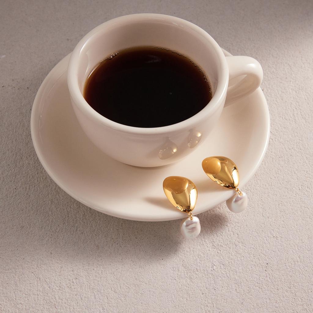 Yori Ocean Style Imitation Pearl Pendant Smooth Geometric Earrings Gold Color Summer Stainless Steel Studs Jewelry