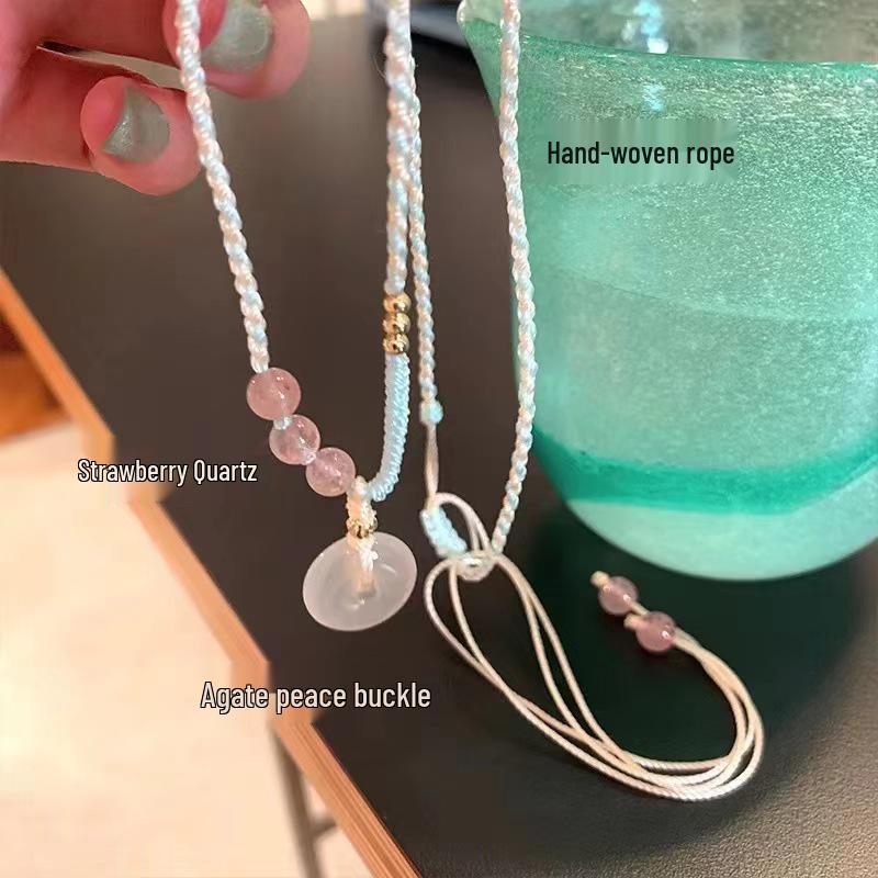 Strawberry Crystal Agate Pendant Necklace - Women's High-End Braided Rope Choker