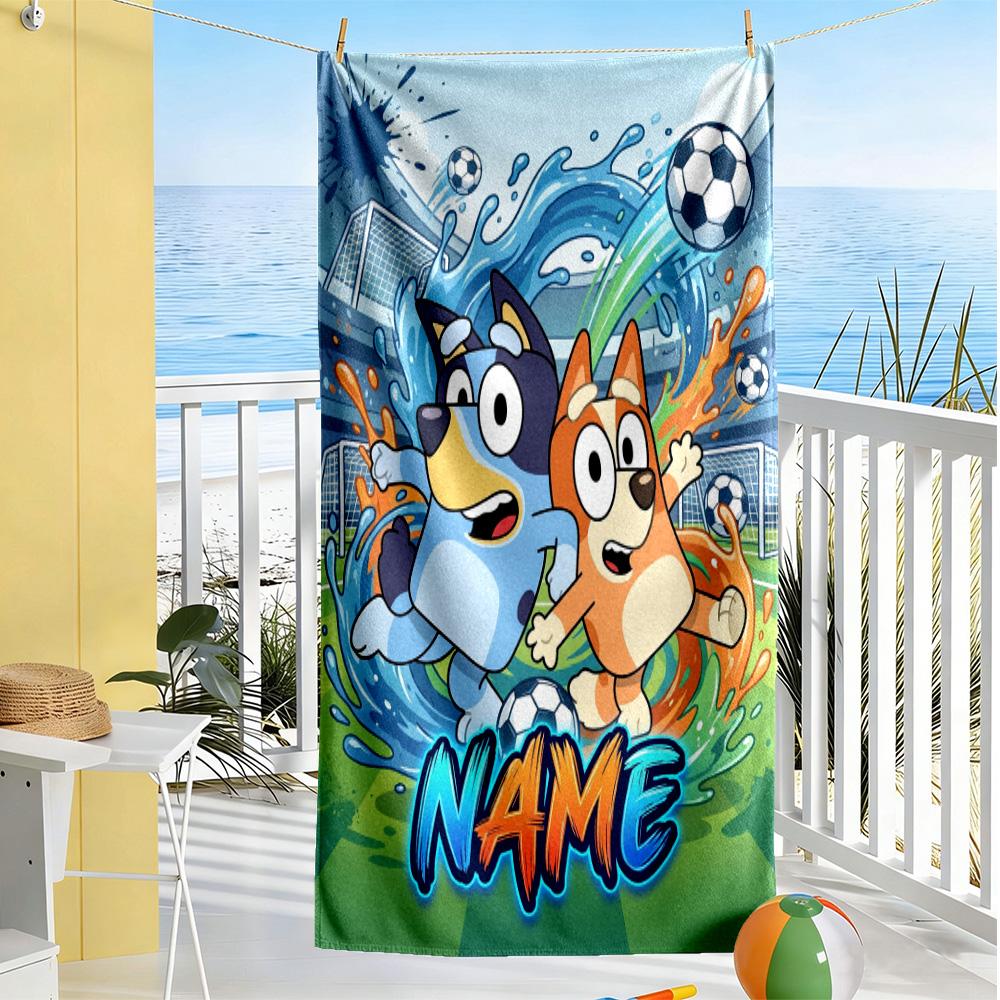 Bluey Soccer Adventure Customize Your Name Beach Towel Super Soft & Absorbent Perfect for Traveling Yoga Camping and Swimming