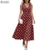 ZANZEA Damen Elegantes V-Ausschnitt Lässiges Ärmelloses Polka-Dot-Print-Kleid